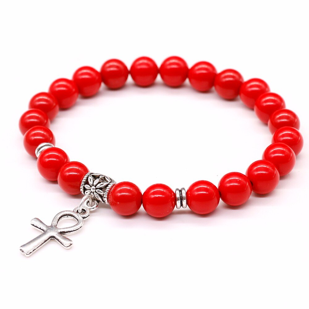 Bracelet en cinabre rouge et croix de vie Ankh Shamballaya